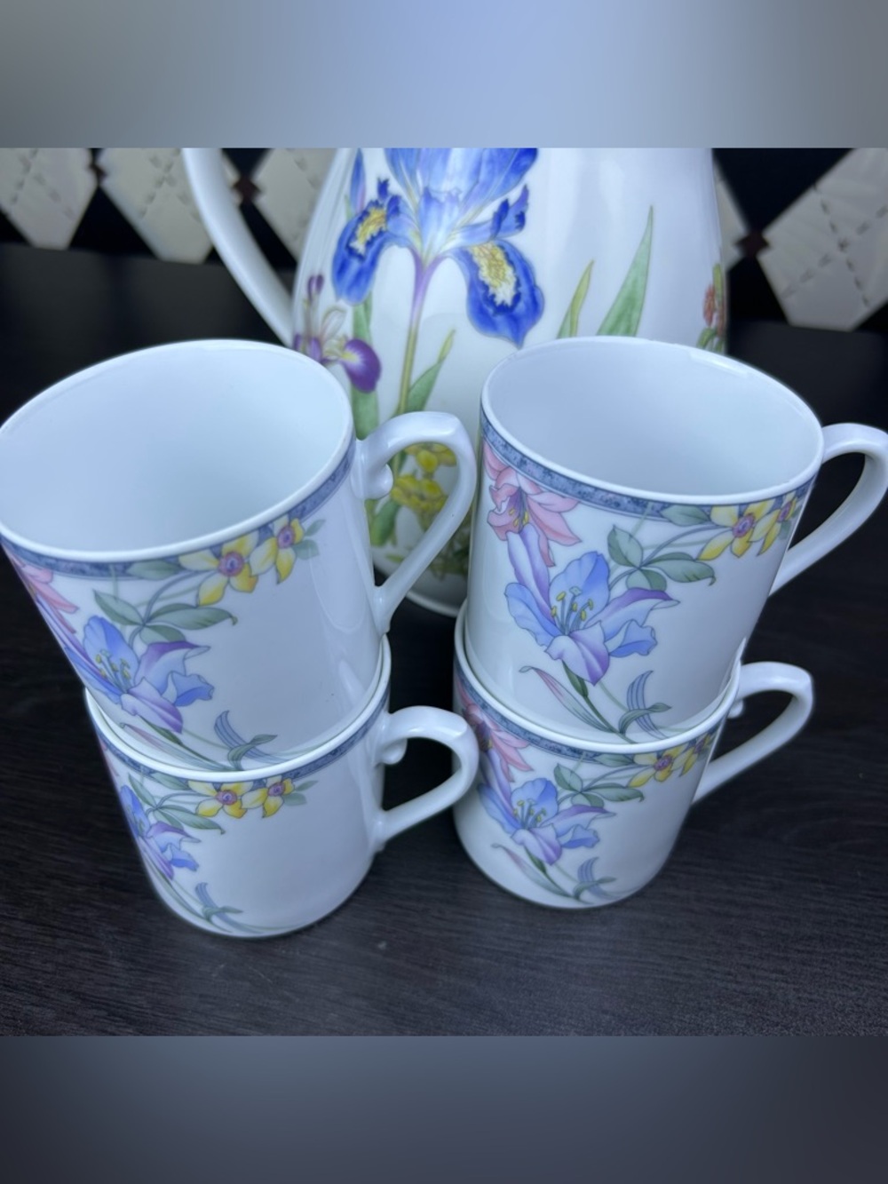 Floral Porcelain Coffee Mugs - White with Purple & Yellow Flowers (Set of 4) - Picture 6 of 7